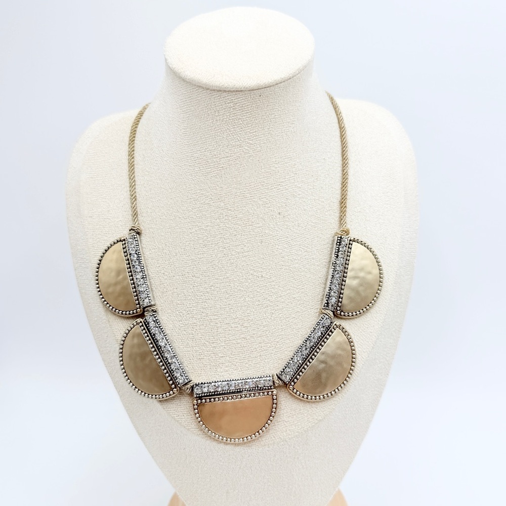 Chico’s Brushed Gold Rhinestone Statement Necklace Rope Chain Bib
